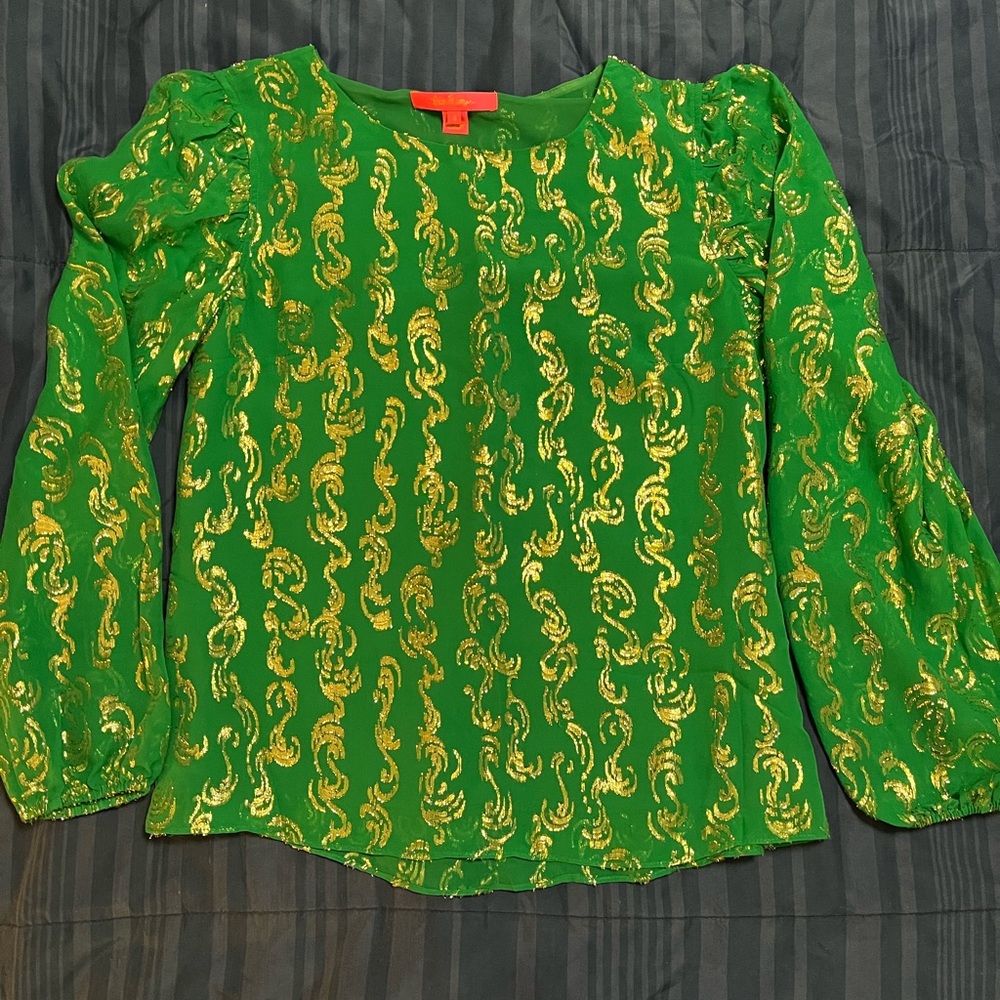 Lilly Pulitzer Vibrant Green and Gold Patterned Blouse